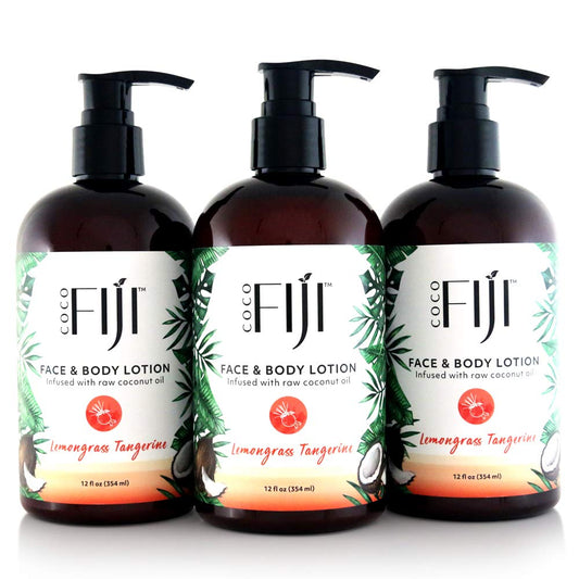 Coco Fiji Face & Body Lotion Infused With Coconut Oil | Lotion for Dry Skin | Moisturizer Face Cream & Massage Lotion for Women & Men | Lemongrass Tangerine 12 oz, Pack of 3