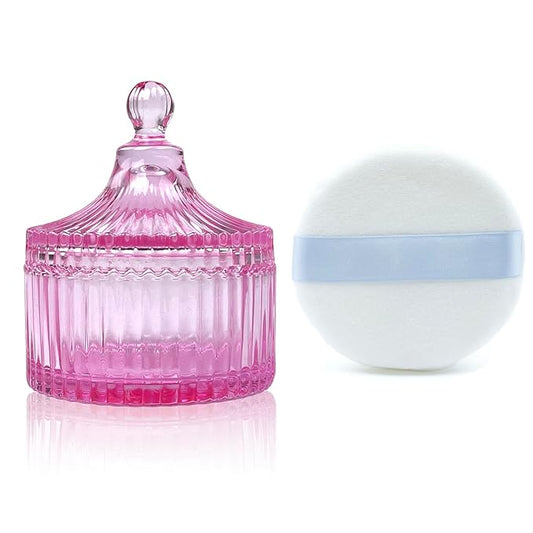 Ultra Soft Powder Puff and Container 3.3" High Density Velvet Dusting Washable Reusable Powder Puff,Body Powder Puff and Glass Jar Holder Loose Powder Box with Puff for Face Makeup(Pink)