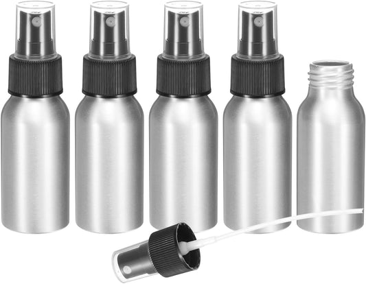 HARFINGTON 5pcs Aluminum Fine Mist Spray Bottles 50ml/1.7oz Metal Small Liquid Alcohol Refillable Travel Container with Black Plastic Nozzle Cap for Perfume Skincare Cosmetic Storage Bottle