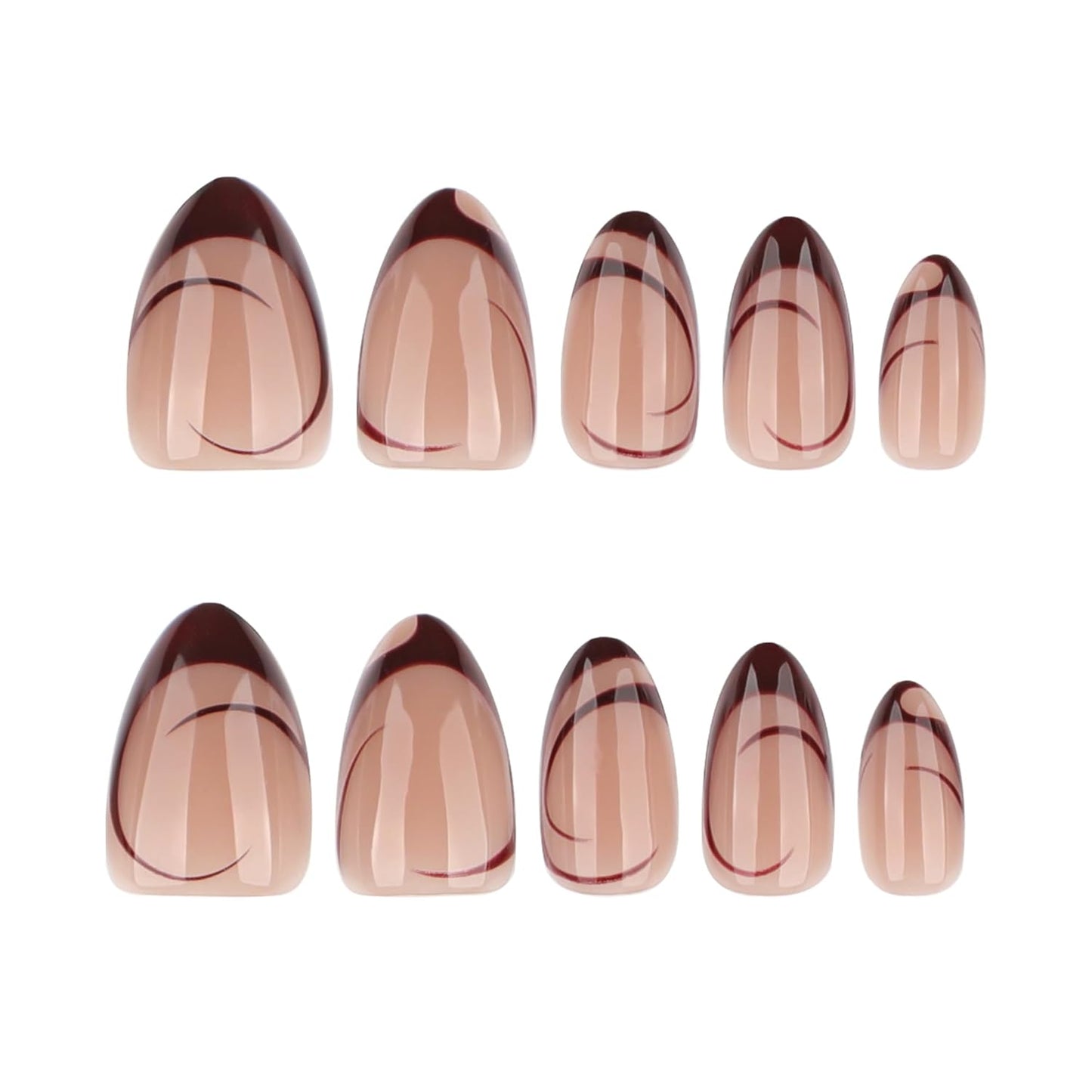 Nude Almond Press on Nails Short, Fall French Fake Nails with Unique Elegant Shaped Burgundy French Tip Design, Glossy Finish Acrylic Nails, Natural Reusable Glue on Nails Kit for Women