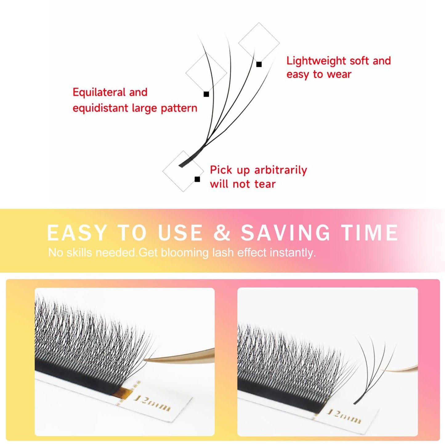 Lash Extensions 4D Eyelash Extensions W Lashes 0.07mm Thickness D Curl Lashes Mix 8-15mm Soft Lash Trays Volume Lash Extension Natural Matte black False Eyelashes Professional Use(W-4D-0.07-D,8-15mm)