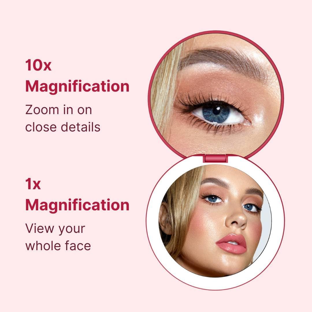 Fancii Taylor LED Lighted Travel Makeup Mirror, Rechargeable, 10x /1x Magnifying, Tru-Glow Light Technology, XL Large 5” Wide | Compact Mirror for Purses (Ruby Red)