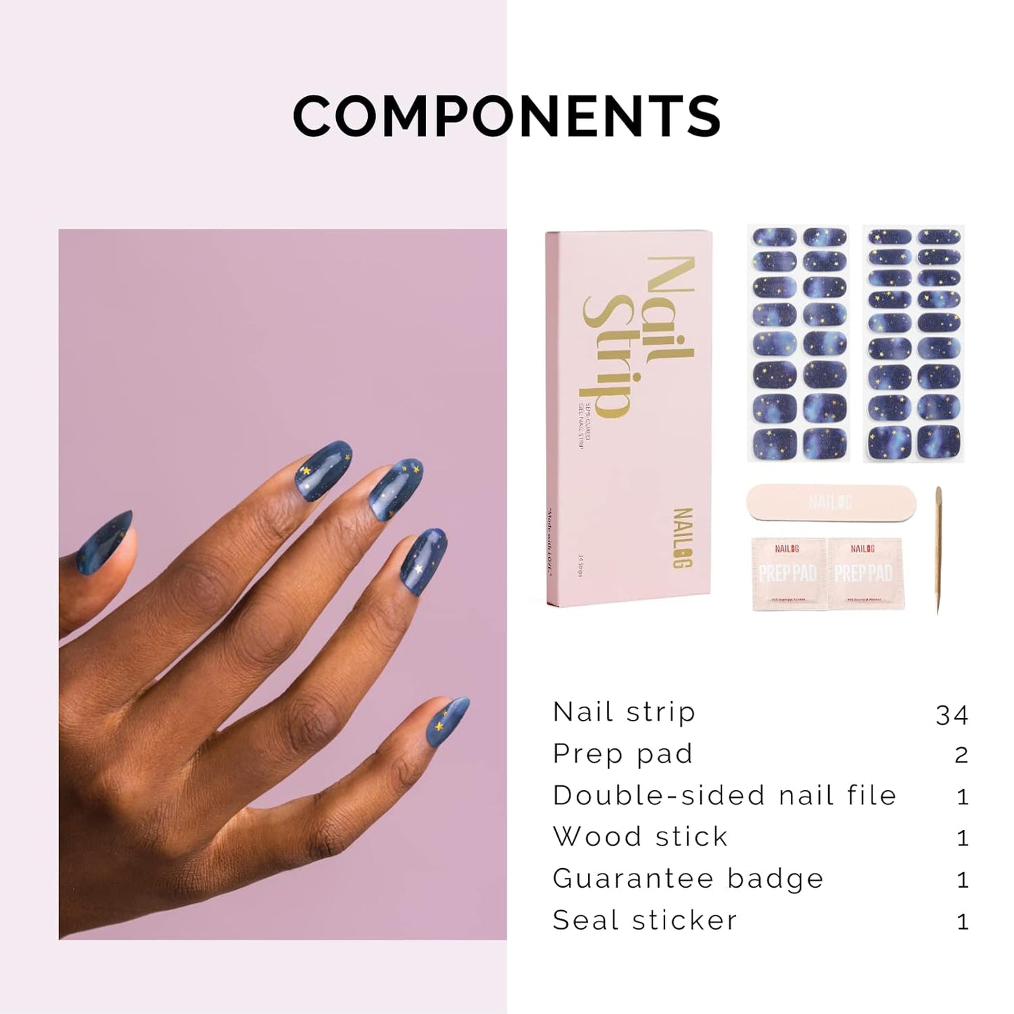 Nailog Semi Cured Gel Nail Strips 34 pcs| Long Lasting Nail Polish Sticker Wraps with Glossy Gel Finish, Starry Night