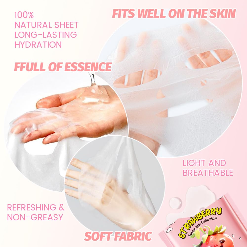 8 Pack Strawberry Kids Face Mask,Pink Face Masks Skincare Spa Day Kit Supplies,Spa Party Favors for Teens Girls Women,Sheet Facial Mask Skincare Gifts Set,Moisturize Soothe for All Skin Types
