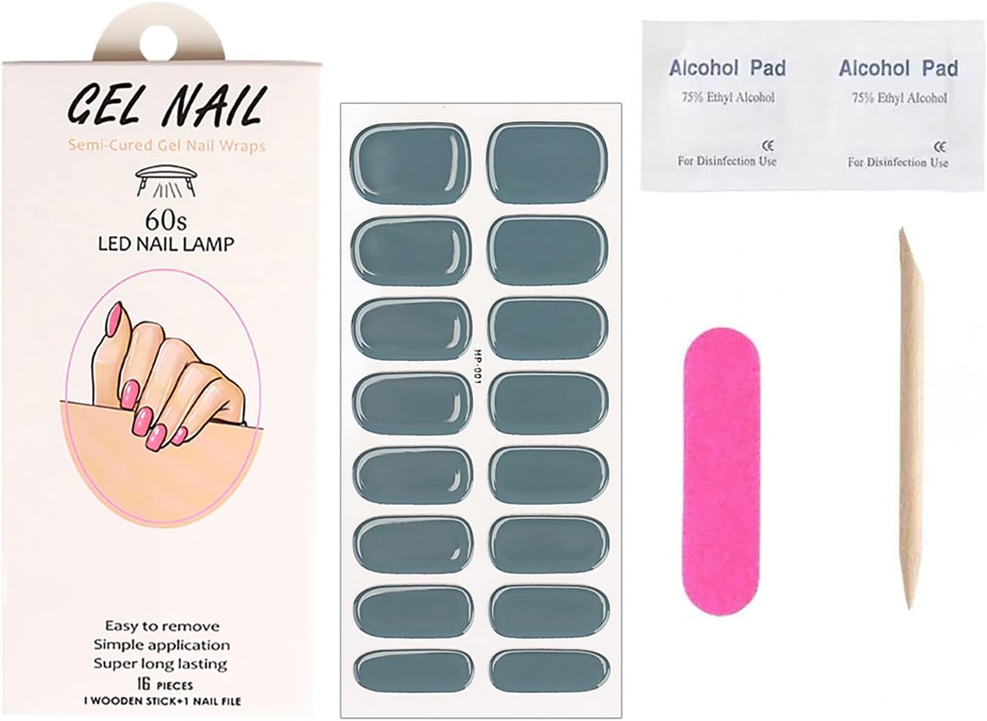 Semi Cured Gel Nail Strips Stickers 16Pcs Solid Color Real Gel Polish Strips Self-Adhesive Grey Nail Stickers for Women DIY Waterproof Manicure Kit Party Nails Decoration 1 Sheets