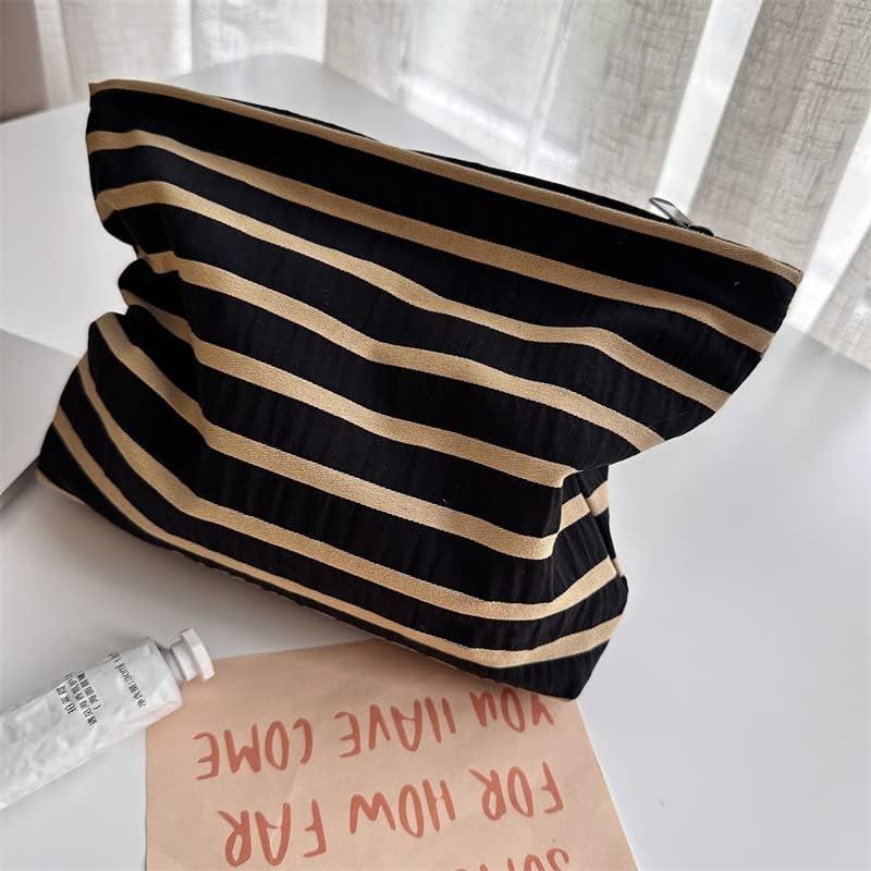 PAZIMIIK Floral Makeup Bag Large Cotton Zipper Pouch for Purse Travel Canvas Make Up Organizer for Women Cosmetic,Stripe Black