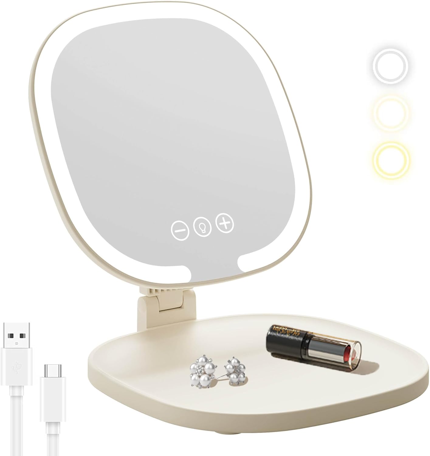 Rechargeable LED Travel Makeup Mirror, 3-Color Lighting, Dimmable Touch Screen, Multi Angle Adjustable, Foldable and Portable Desktop Vanity Mirror with Storage Tray(Creamy)
