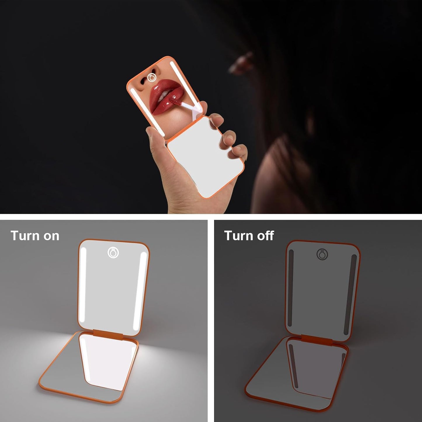 Kintion Rechargeable Pocket Mirror, Double Sided 1X/3X Magnification Compact Vanity Mirror, 3 Color Lights, Dimmable, Small Portable Wallet Mirror, Lighted Travel Mirror for Women Gifts, Orange