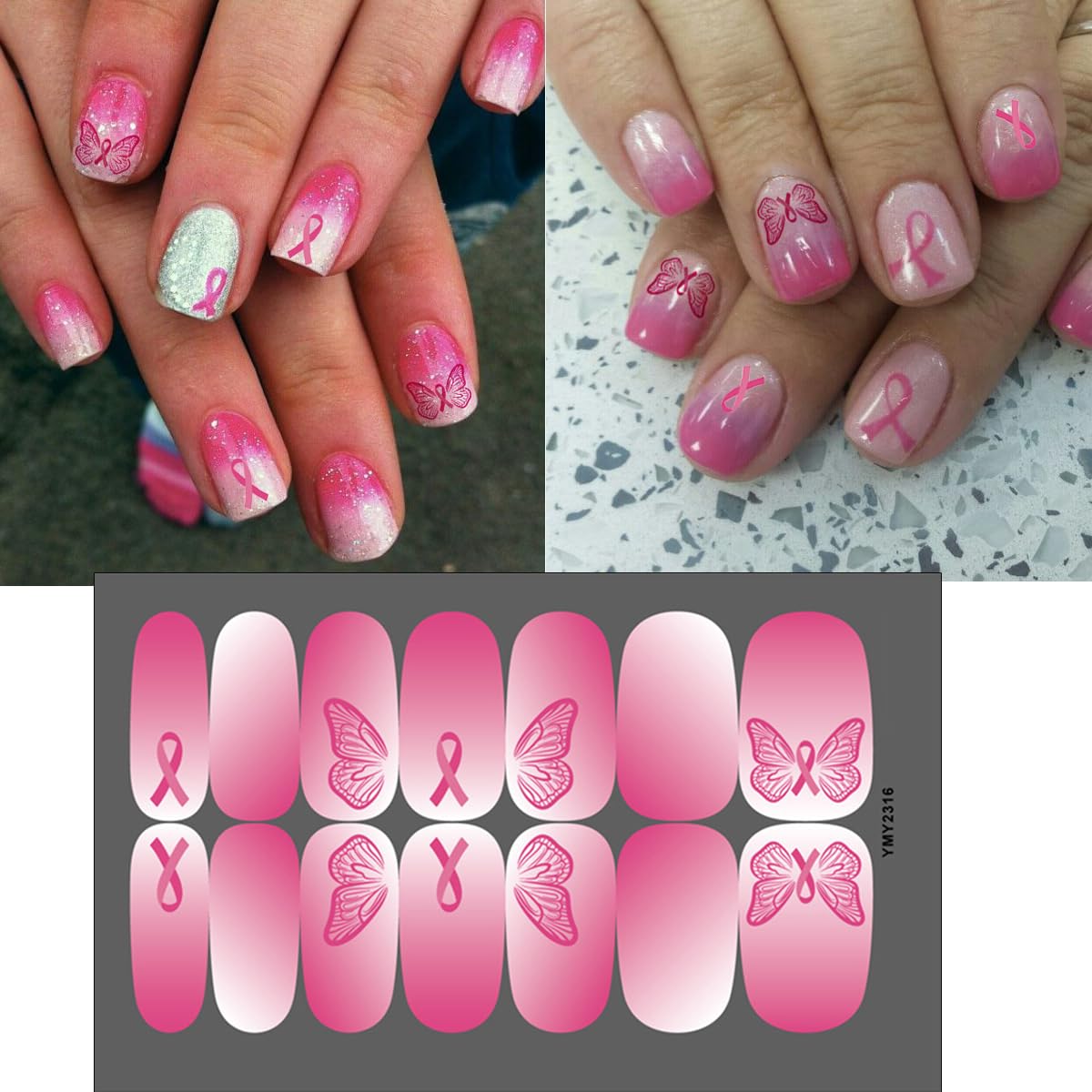 6Sheets Breast Cancer Gel Nail Stickers Pink Ribbon Polish Strips Self-Adhesive Awareness Full Wraps Decals Gradient Pink Butterfly Strips for Women DIY Manicure