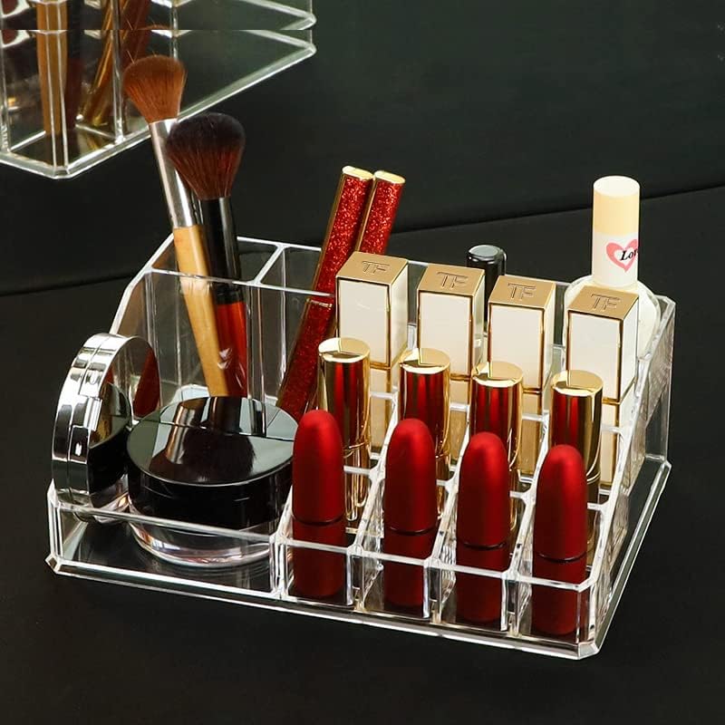 Acrylic Makeup Organizer Cosmetic Storage Makeup Display Case Makeup Brush Holder Lipstick Dispenser Canister Bathroom Container (8.7x 5 x 3.2 in, 16 Partitions, Transparent)