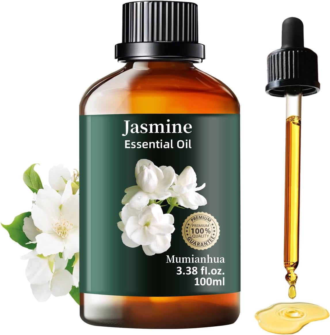 Mumianhua 100% Pure Jasmine Essential Oil Natural Jasmine Oil for Diffuser, Perfume, Shampoo, Aromatherapy, Cleaning, Skin, Hair, Massages, Relax,Candle Making 3.38 Fl Oz