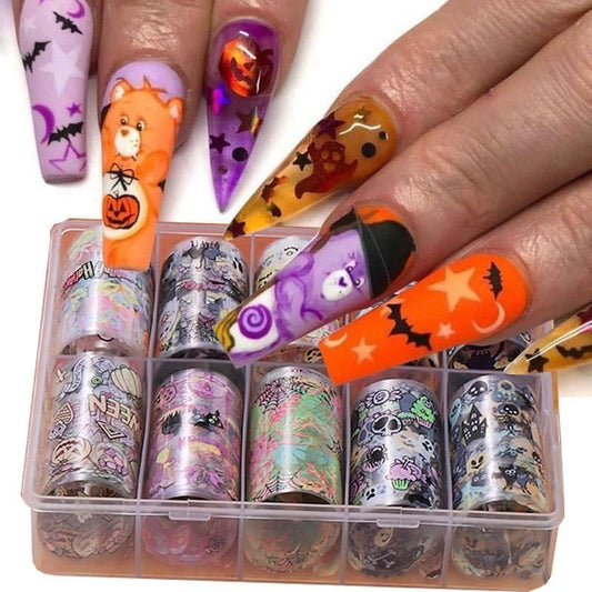 Halloween Nail Foil Transfer Stickers 10 Rolls Pumpkins Skull Nails Stickers Funny Purple Black Bat Nail Foils 1 Box Colorful Starry Sky Paper Nail Decals Halloween Nails Art Sticker Nails Art Decals