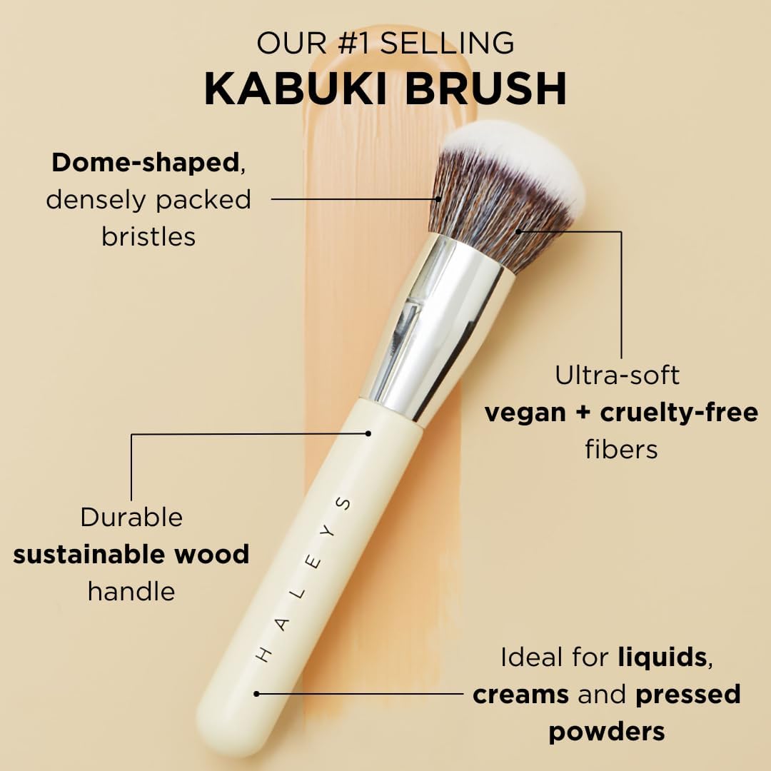 HALEYS Kabuki Makeup Brush + GWP Skin Tint Mini, VEGAN+CRUELTY-FREE, Sustainable Wood, Vegan Bristles for Airbrushed Finish, For Creams, Liquids, Powder, Streak-free, Perfect Blending, Buffs, Blurs