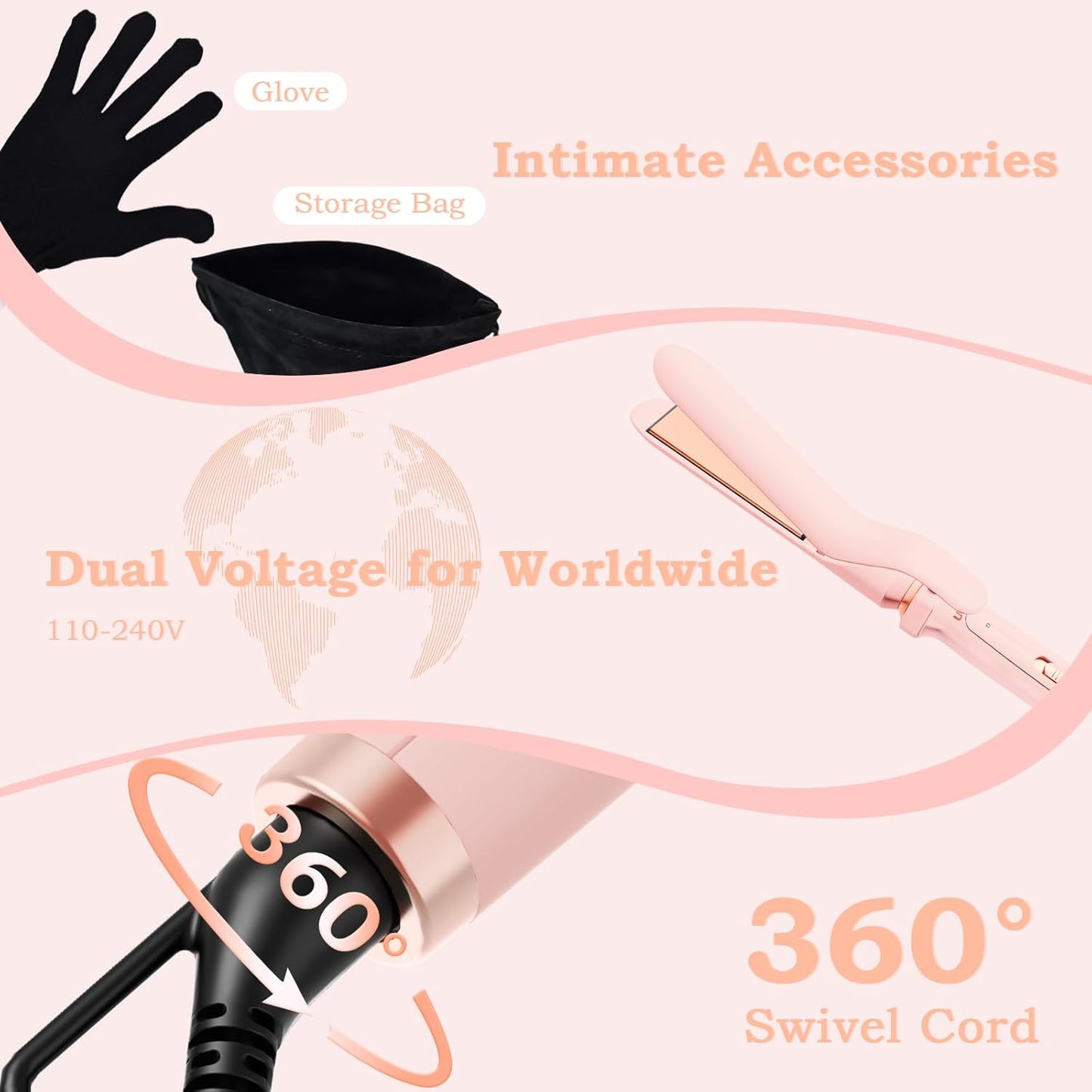 Ufree 5 in 1 Curling Iron with Ceramic Barrels (0.35"-1.25"), Curling Wand Set with Flat Iron Hair Straightener, Instant Heat Up, Dual Voltage Hair Curler, Gifts for Women, Pink