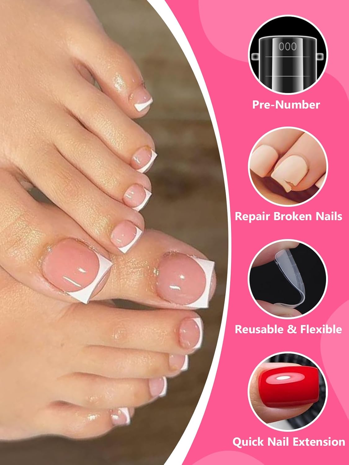 Poly Gel Toe Nail Form Set, EBANKU Reusable Toenails Dual Forms for Nail Extensions, Poly Gel Toe Nail Tips Pre-designed French Line Salon Home DIY Nail Art Supplies - 15 Sizes 150PCS