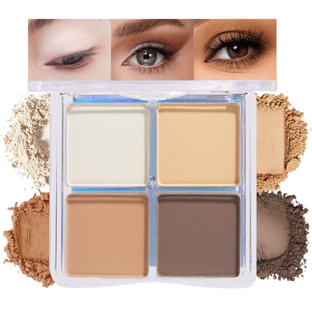 Powder Eyeshadow Quad, Light Medium Beige Brown Matte Eye Shadow Palette Makeup, Neutral Vegan Shimmer Quads Eye Shadow Palette for Older Women Pigmented Waterproof, paleta de sombras de ojos