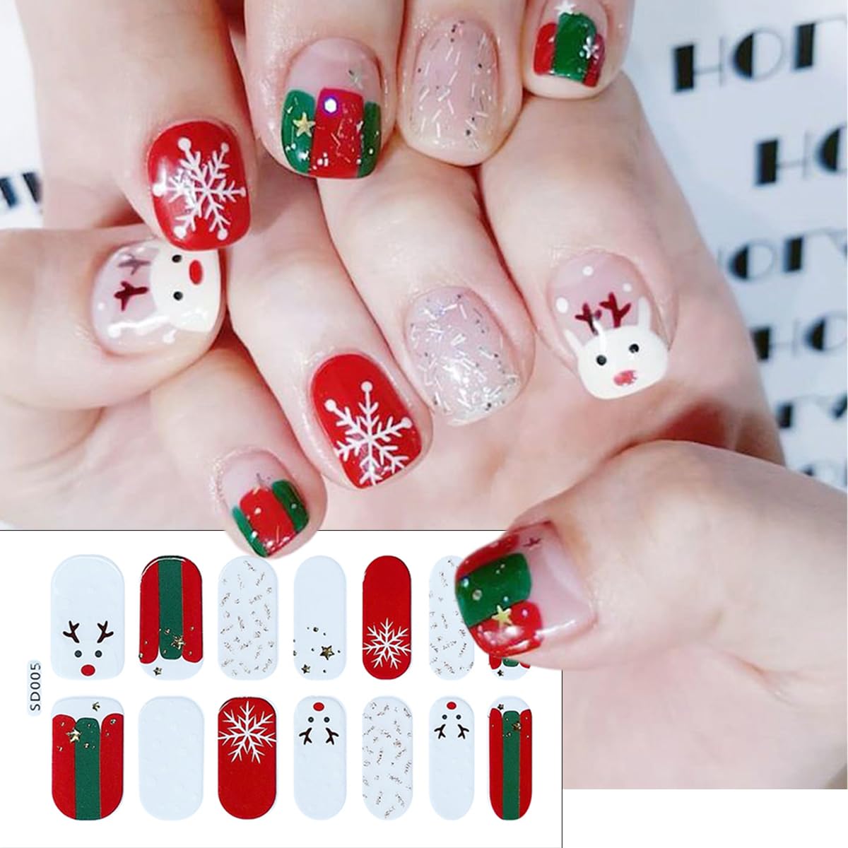 6Sheets Christmas Gel Nail Stickers White Snowflake Gel Nail Polish Strips Glitter Santa Claus Xmas Trees Elk Design Cute Christmas Stickers Full Wrap Winter Gel Nail Strips for Women Manicure DIY
