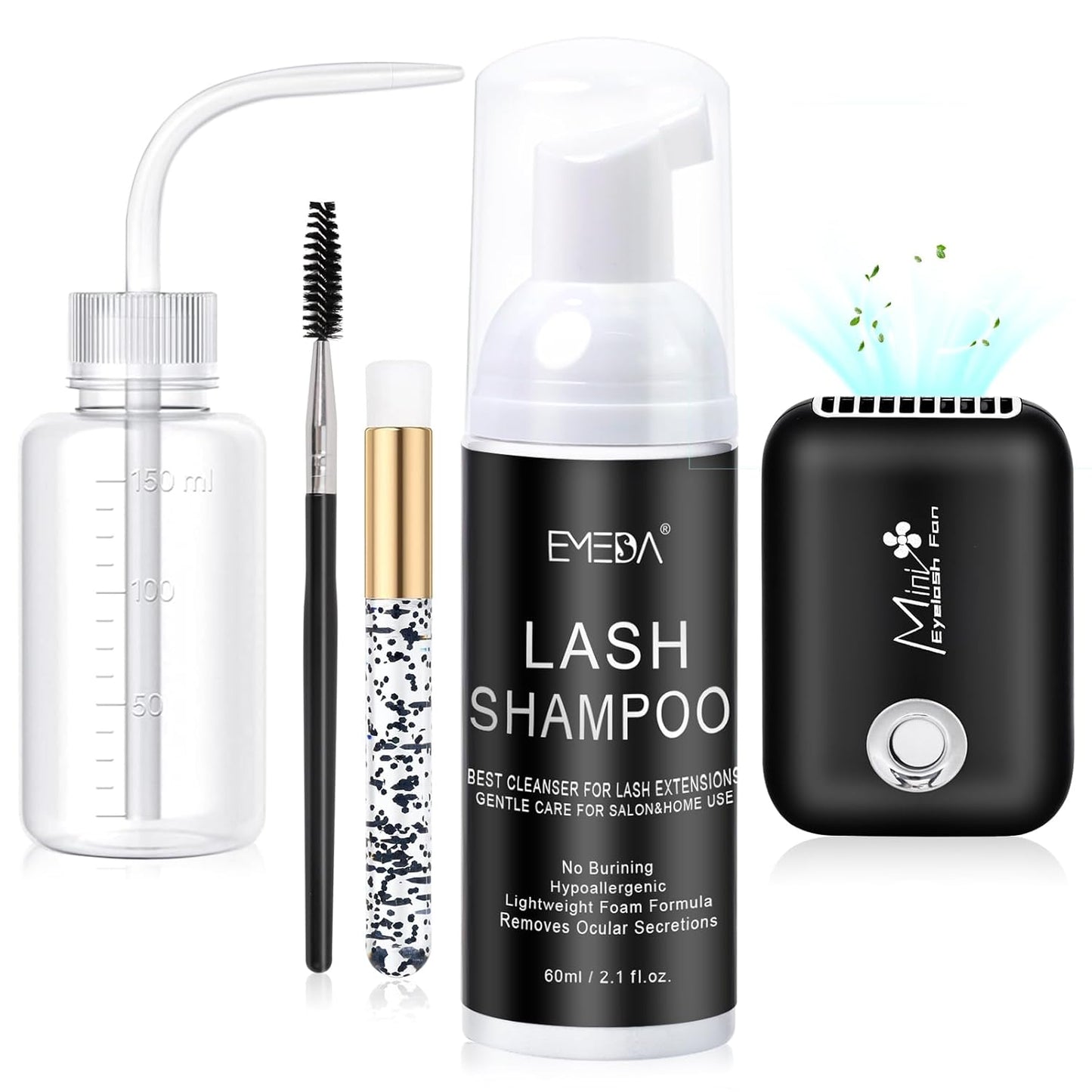 EMEDA Lash Shampoo Kit Cleaning Bath - Eyeash Cleanser for Extensions, USB Mini Portable Fan Brush Wash Bottle, Oil Free Lash Foam Safe for Natural Eyelash Shampoo for Extensions