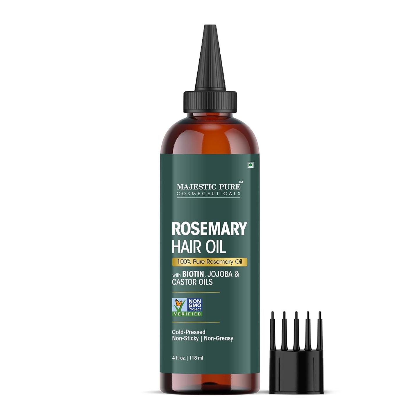 Majestic Pure 100% Pure Rosemary Oil for Hair Growth - Strengthening, Nourishing, Volumizing - Infused with Biotin Oil, Jojoba Oil & Castor Oil - Non GMO Verified - 4 Fl Oz - With Applicator