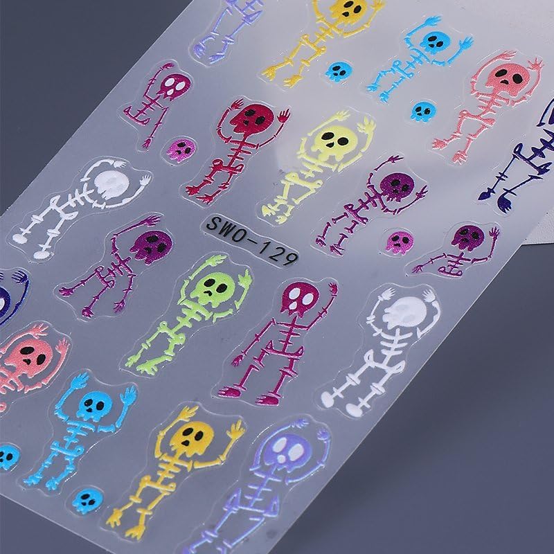Halloween Nails Stickers Colorful Skull Nails Sticker 3D Embossed Skeleton Skull Self Adhesive Sticker Nail Decals Skeleton Body Nail Art Decal Halloween Decals for Nail DIY Manicure 2Sheet