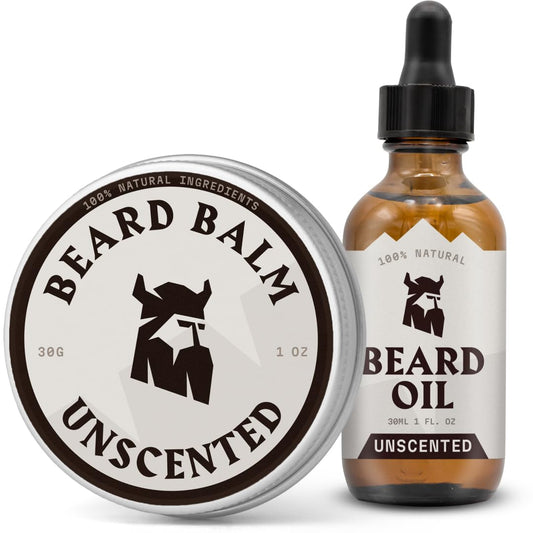 Striking Viking Beard Balm & Beard Oil for Men – Unscented, 1 Fl Oz Each - Dual-Use Leave In Conditioner - Tames, Styles & Moisturizes – With Naturally-Derived Argan & Jojoba Oil