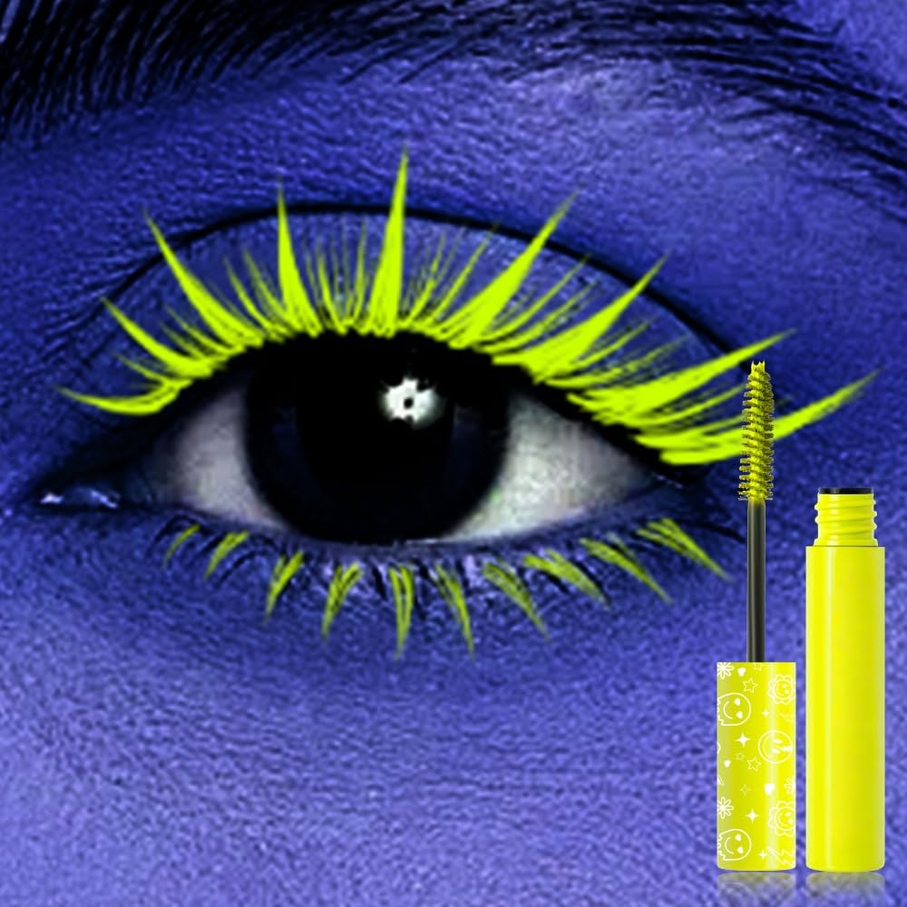 6 Colors Fluorescent Mascara, Glow Colored Mascara, Parties, Weddings, Stage Use, Party Night, Halloween Christmas Parties, High Pigmented, Apply to Eyelashes/Eyebrows/Hair (Yellow)