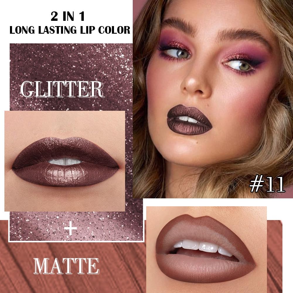 evpct Dark Brown Metallic Glitter Lip Liner and Lipstick Combo Lip Gloss Stain Set Makeup for Women Long Lasting Waterproof 24, Chocolate Metallic Shimmer Frosted Iridescent Shiny Liquid Lipstick 11