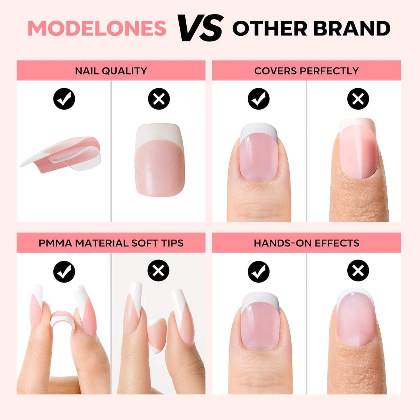 modelones French Tip Press on Nails, 150Pcs Extra Short Square Fake Nails with Nail Box, Pink Gel Nail Tips for Women, Soft Glue-On Nails for Natural Salon Look, DIY Nail Art Kit (15 Sizes)