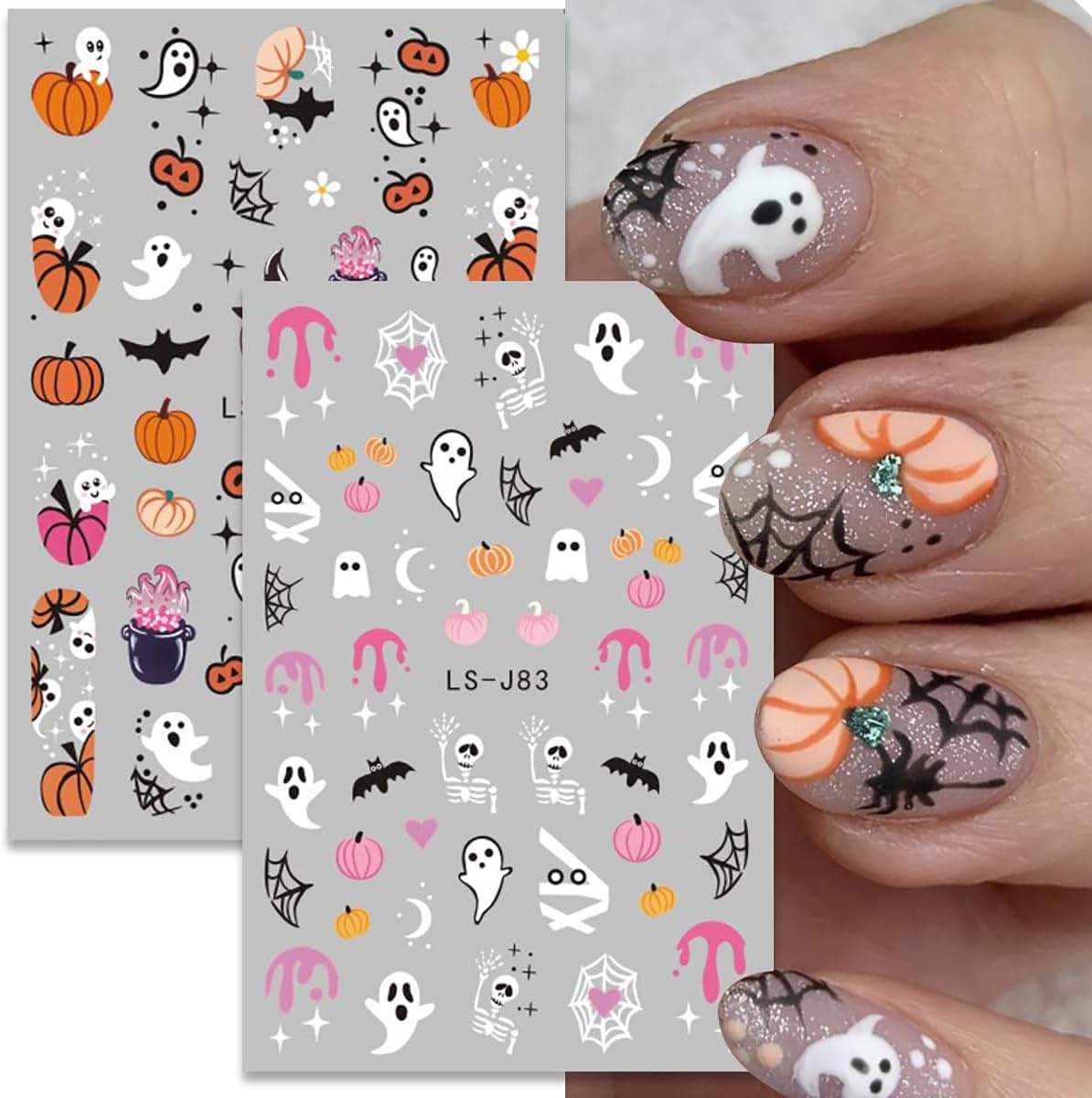 6Sheets Halloween Nail Art Stickers - 3D Self-Adhesive Cute Ghost, Bat, Skull, Cat, Pumpkin, Spider Web, Skeleton Designs for Women's DIY Nail Decor