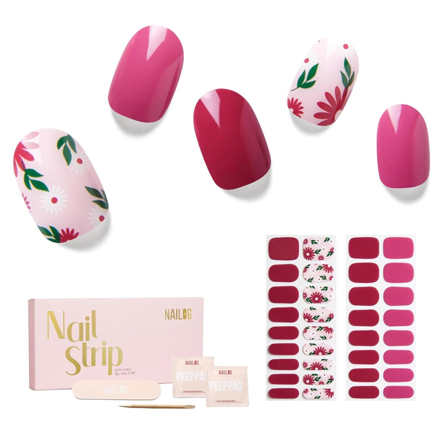 Semi Cured Gel Nail Strips - NAILOG 34 Pcs Floral Nail Stickers Long Wraps with Glossy Gel Finishing for Autumn, in The Meadow