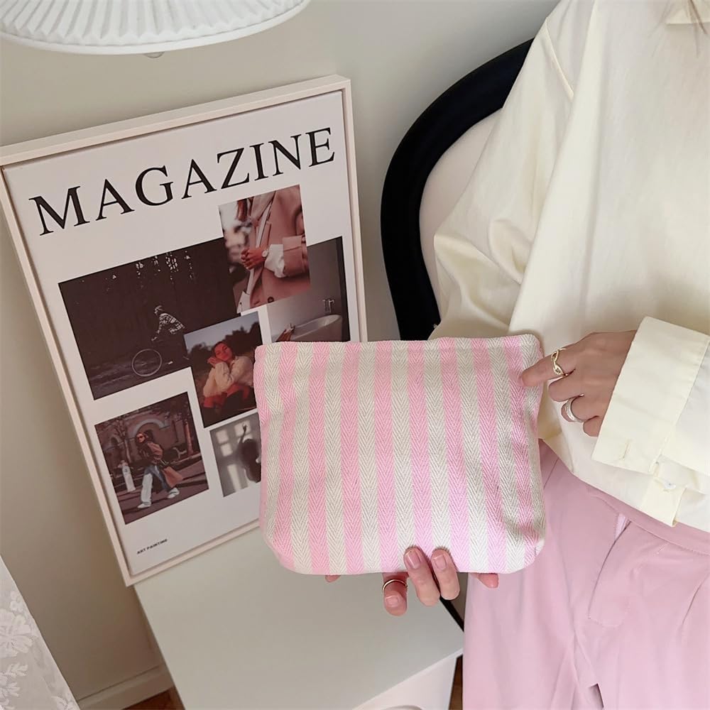 Makeup Bag Large Cotton Zipper Pouch for Purse Travel Canvas Make Up Organizer for Women Cosmetic,Stripe Pink