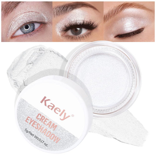 Kaely Single Cream Eyeshadow Pot, Pearl White Sparkle Eye Shadow for Older Women High Pigmented Waterproof, Natural Eyeshadow Palette Makeup Brightener, sombras en crema para ojos, Blendable, 01