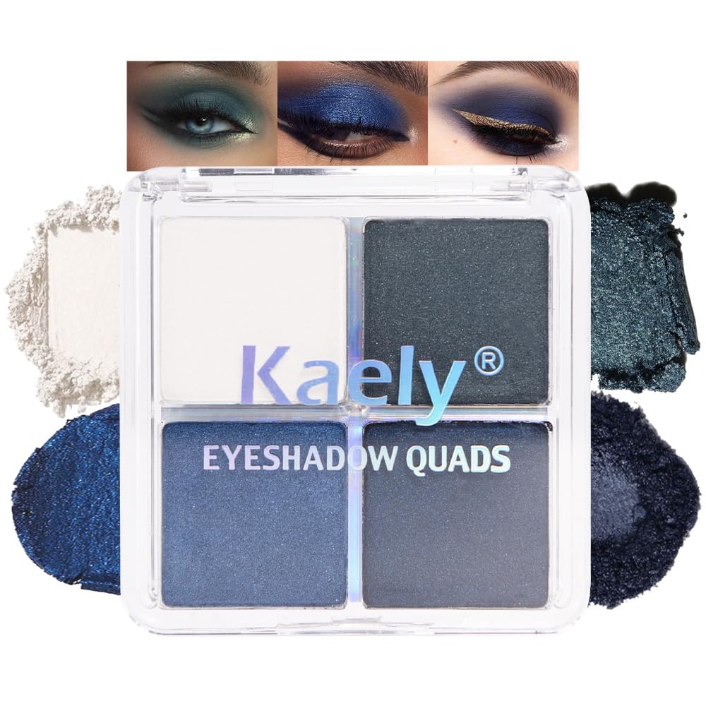 Kaely Powder Eyeshadow Quad, Blue Green Glitter Shimmer Eyeshadow Palette Makeup, Neutral Eye Shadow Palette for Older Women Pigmented Waterproof, sombras para ojos, Blendable, Cruelty-free, 08