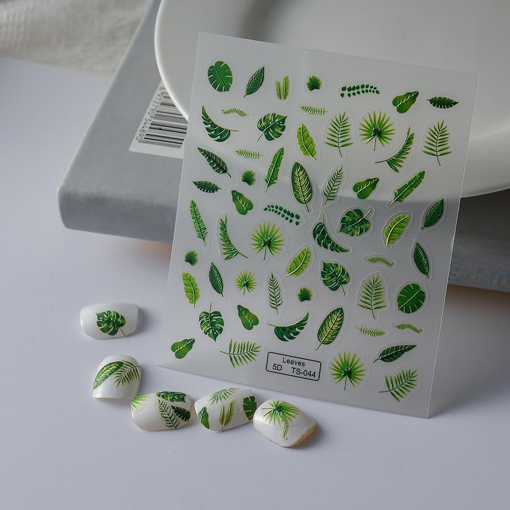 Fall Nails Stickers Monstera Leaves Nails Sticker 5D Embossed Banana Leaf Self Adhesive Sticker Nail Decals Green Leaves Thanksgiving Nail Art Decal Halloween Decals for Nail DIY Manicure 1Sheet