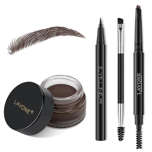 LAVONE Eyebrow Stamp Pencil Kit - Makeup Brow Stamp Trio with Waterproof Eyebrow Pencil, Eyeliner, Pomade, Dual-ended Brush - Dark Coffee