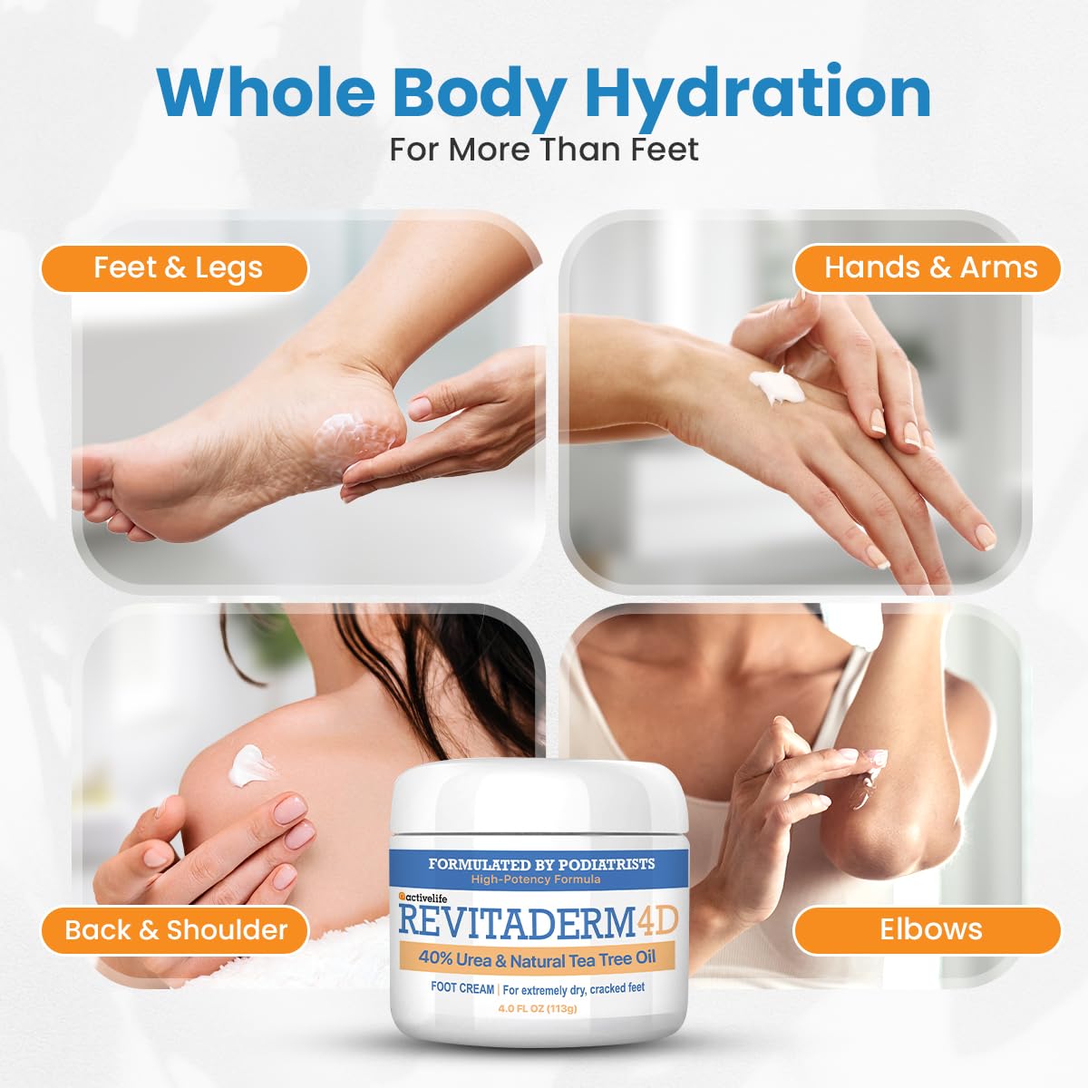 Revitaderm 4D Urea Cream 40% for Feet, Intensive Moisturizing Foot Cream for Dry, Rough, Callused Skin, Includes Free Pumice Stone and Exfoliating Brush, Fast-Absorbing, Fragrance-Free, 4oz, 3 Pack