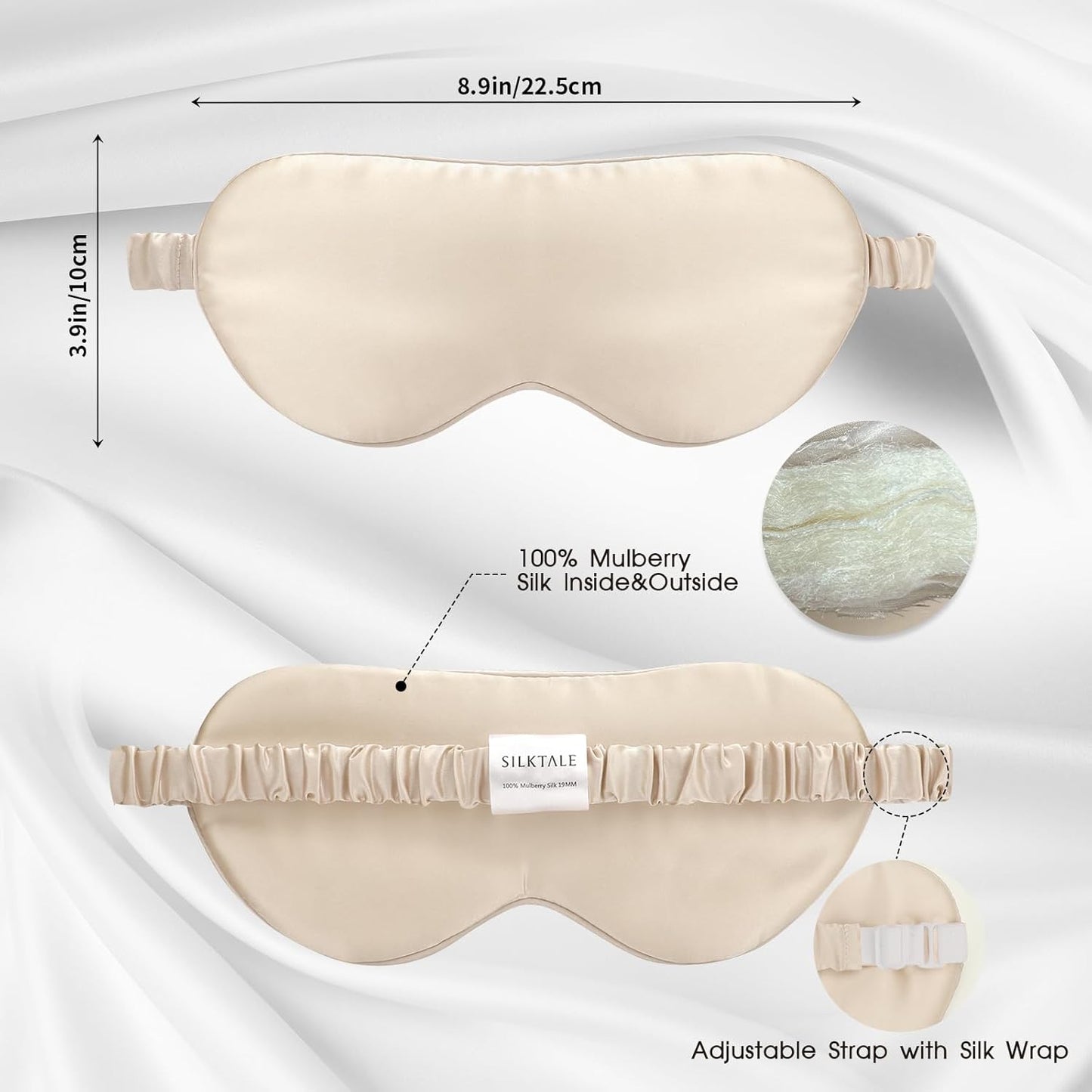100% Mulberry Silk Eye Mask for Sleeping with Silk Wrapped Adjustable Strap,Beige