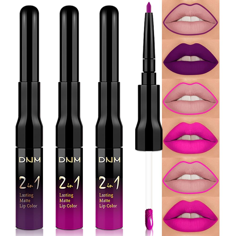 evpct 3Pcs Purple Hot Pink Fuschia Red Matte Lip Liner & Liquid Lipstick Stain Makeup Set for Women, Lip Liner Stain Long Lasting Waterproof Smudge Proof, Cruelty Free Lip Makeup 24 hours originales