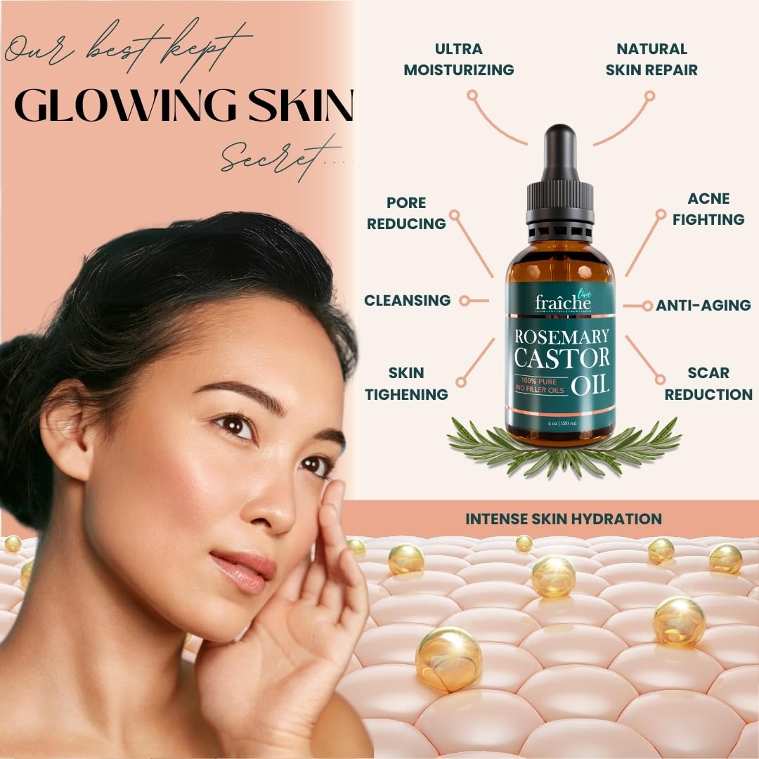 Live Fraiche Rosemary Castor Oil for Hair Growth 4 Ounce - Cold Pressed Castor Oil and Rosemary Oil for Damaged Hair to Reduce Hair Loss