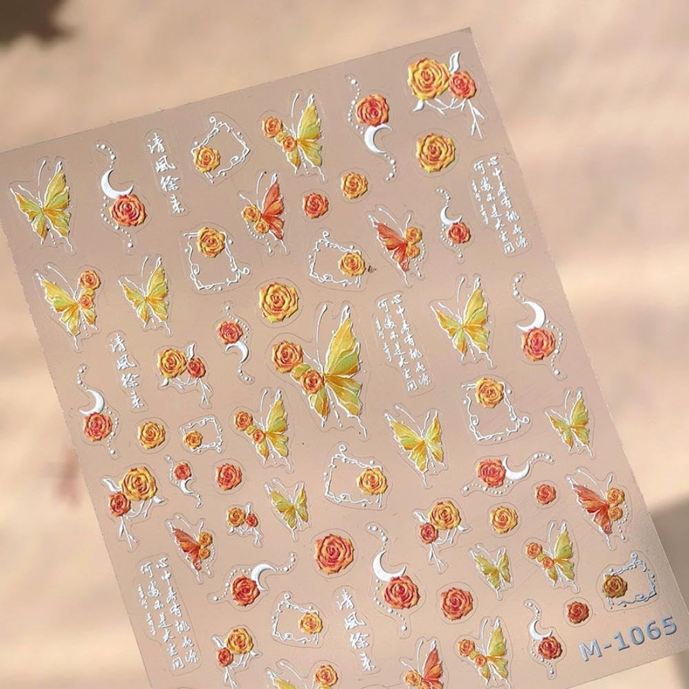 Orange Nail Stickers Butterfly Flower Nail Art Decals 5D Embossed Slf Adhesive with Design Nails Charms for Women Girls Kid Manicure DIY Decoration