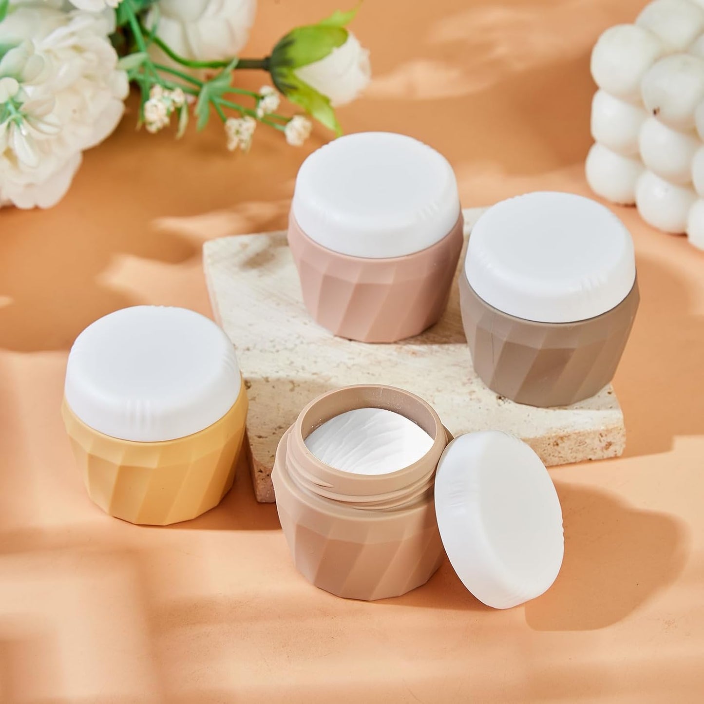 Travel Containers for Toiletries, Premium Silicone Cosmetic Cream Jars, TSA Approved Leak-Proof Refillable Travel Size Toiletries with Clear Bag for Cosmetic Face Body Cream (Apricot, 1OZ)