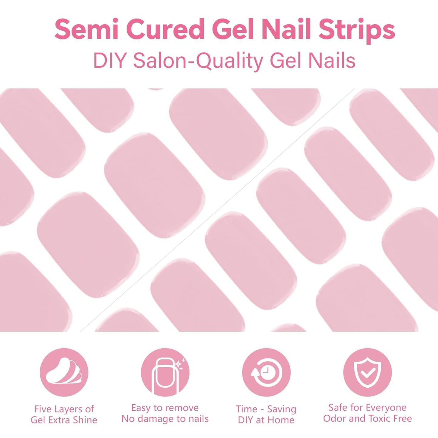 Semi Cured Gel Nail Strips-Multi-Size Semi Gel Press On Nails Stickers Sports & Shower Safe,Glossy Press Ons for Mom & Busy Lifestyle Works with Any UV/LED Lamps(Pink)