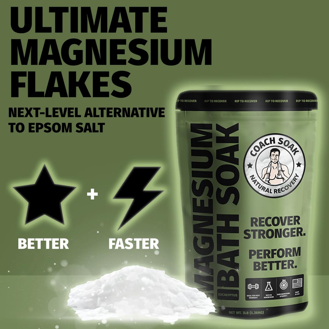 Coach Soak Recovery Bath Soak - Alternative to Epsom Salt Bath Soak - Fast-Absorbing Pure Magnesium Flakes with 21 Minerals, Bath Salts & Essential Oils - 9 lb (3 Pack) - Eucalyptus Tea Tree