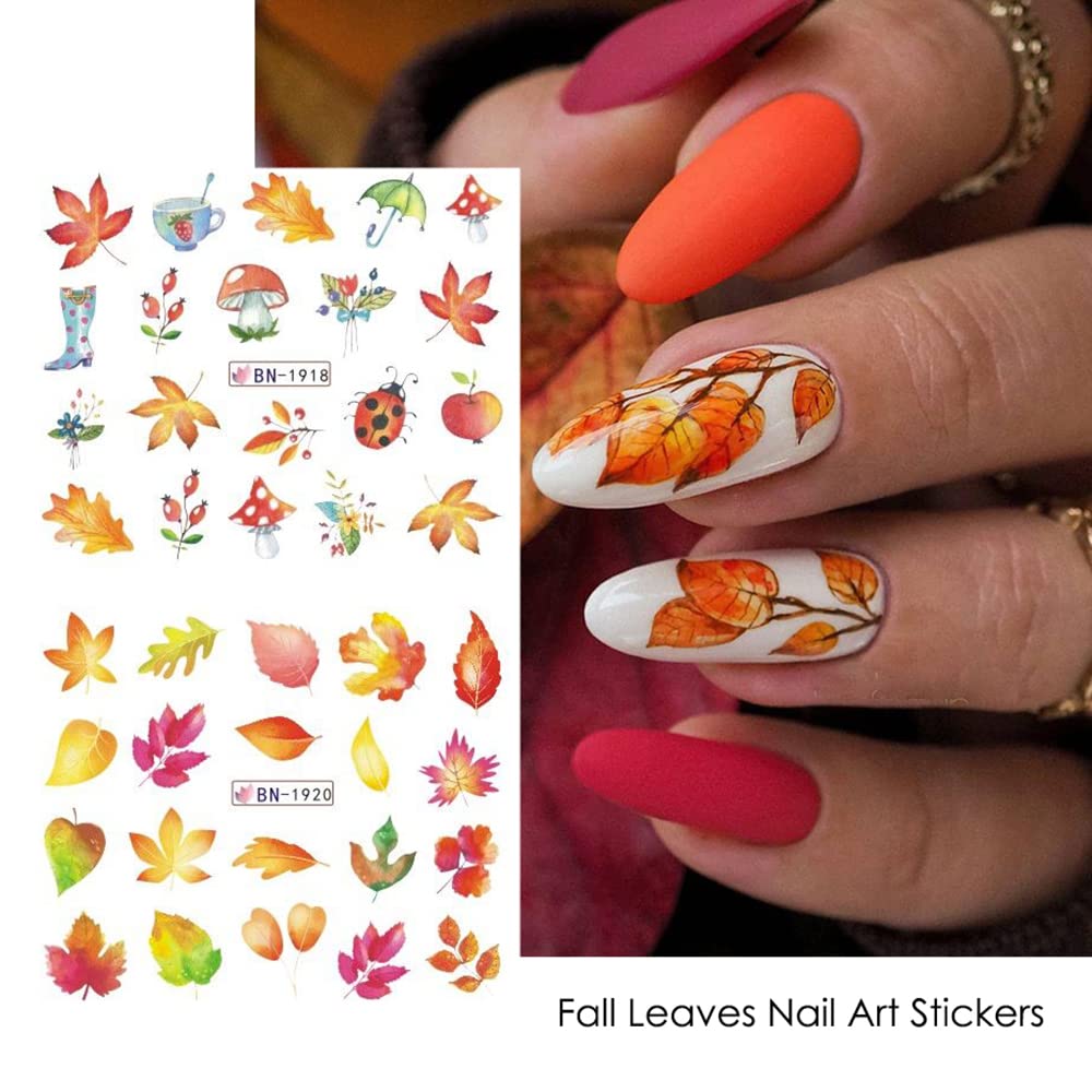 Fall Nail Art Stickers Maple Leaf Water Transfer Nail Decals Nail Supplies Autumn Maple Leaves Pumpkin Turkey Fox Design Watermark Nail Art Decorations Thanksgiving Day Stickers Manicure Tips 12Pcs