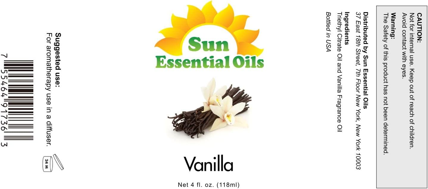 Sun Essential Oils - Vanilla Essential Oil 4 oz with Dropper for Diffuser, Skin, Hair, Humidifier & Aromatherapy Massage, Scent for Candle, Lotion & Soap Making & Room Freshener