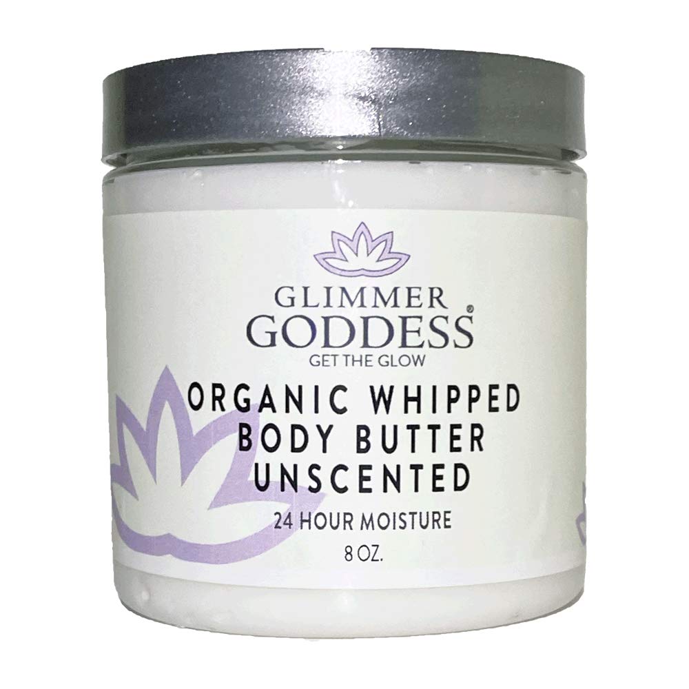 Glimmer Goddess Organic Whipped Body Butter for Women - Moisturizer Cream with Shea & Cocoa Butter, Almonds & Coconut Oil - Unscented, 8oz