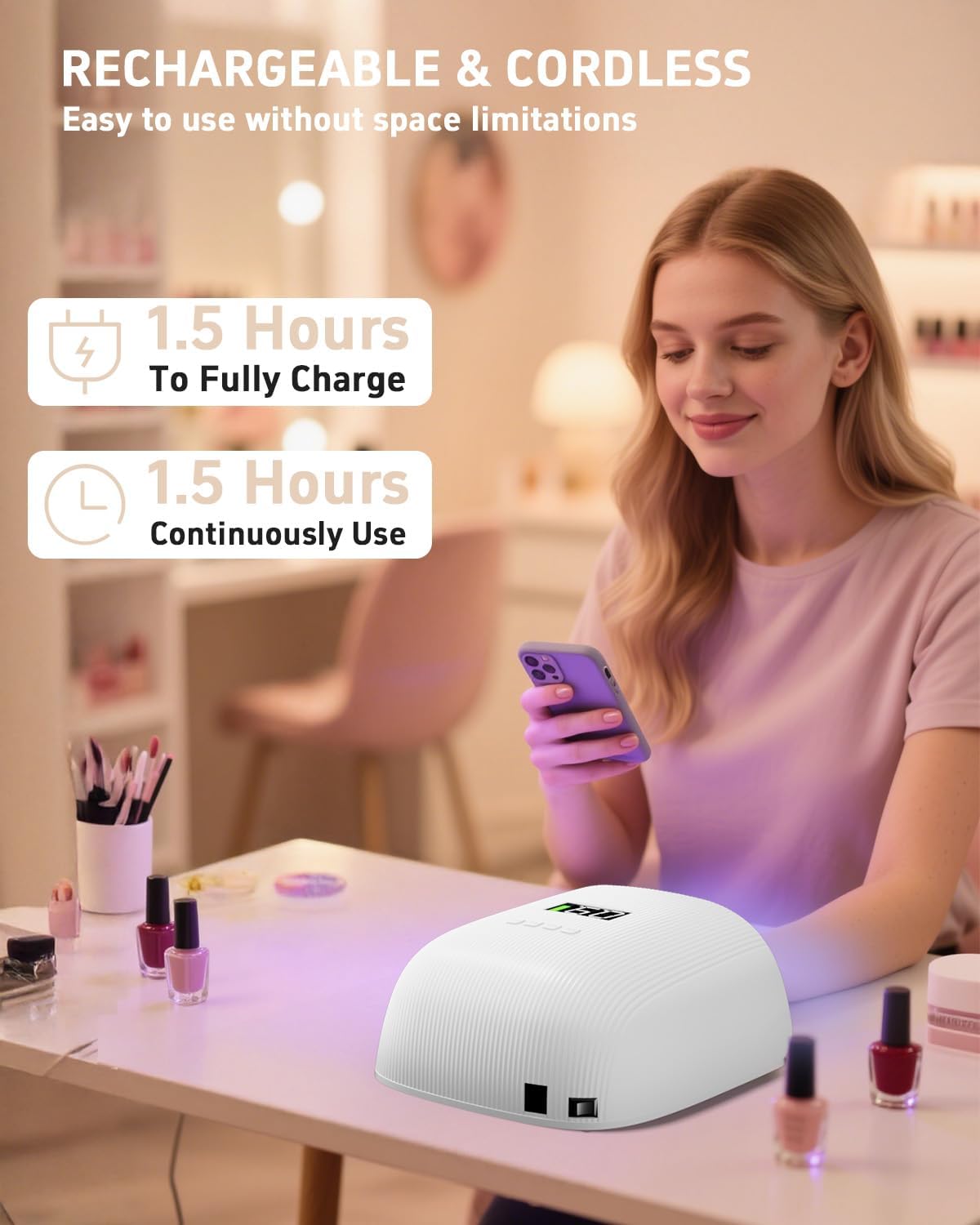 Rechargeable LED Nail Lamp, 72W Professional UV Nail Light for Gel Polish with 4 Timers & Smart Sensor, 24 PCS Powerful Lamp Beads, LCD Display UV Dryer for Hard, Extension & Acrylic Gel Fast Curing