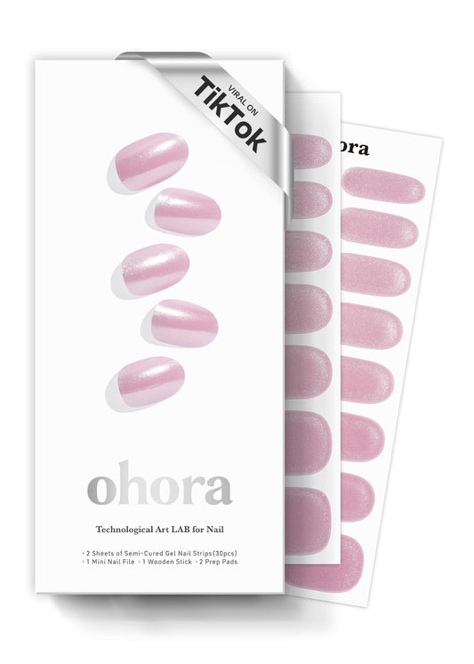 ohora Semi Cured Gel Nail Strips (N Baby Pink Chrome) - Works with Any Nail Lamps, Salon-Quality, Long Lasting, Easy to Apply & Remove - Includes 2 Prep Pads, Nail File & Wooden Stick