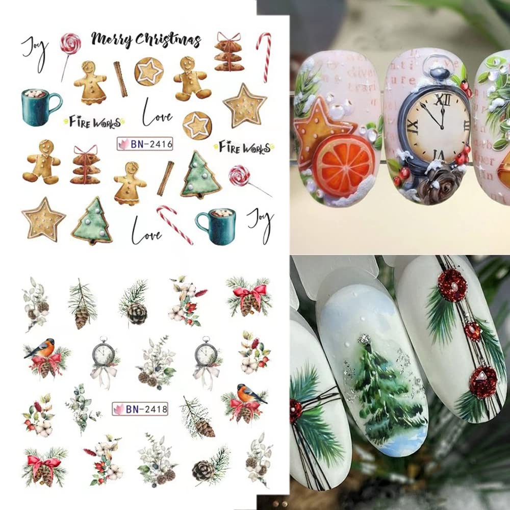 12 Sheets Christmas Nail Art Stickers Snowflake Water Transfer Nail Decals Holographic Gingerbread Man Snow Trees Winter Design Watermark Nail Foils Stickers for Women Xmas Nail Decorations