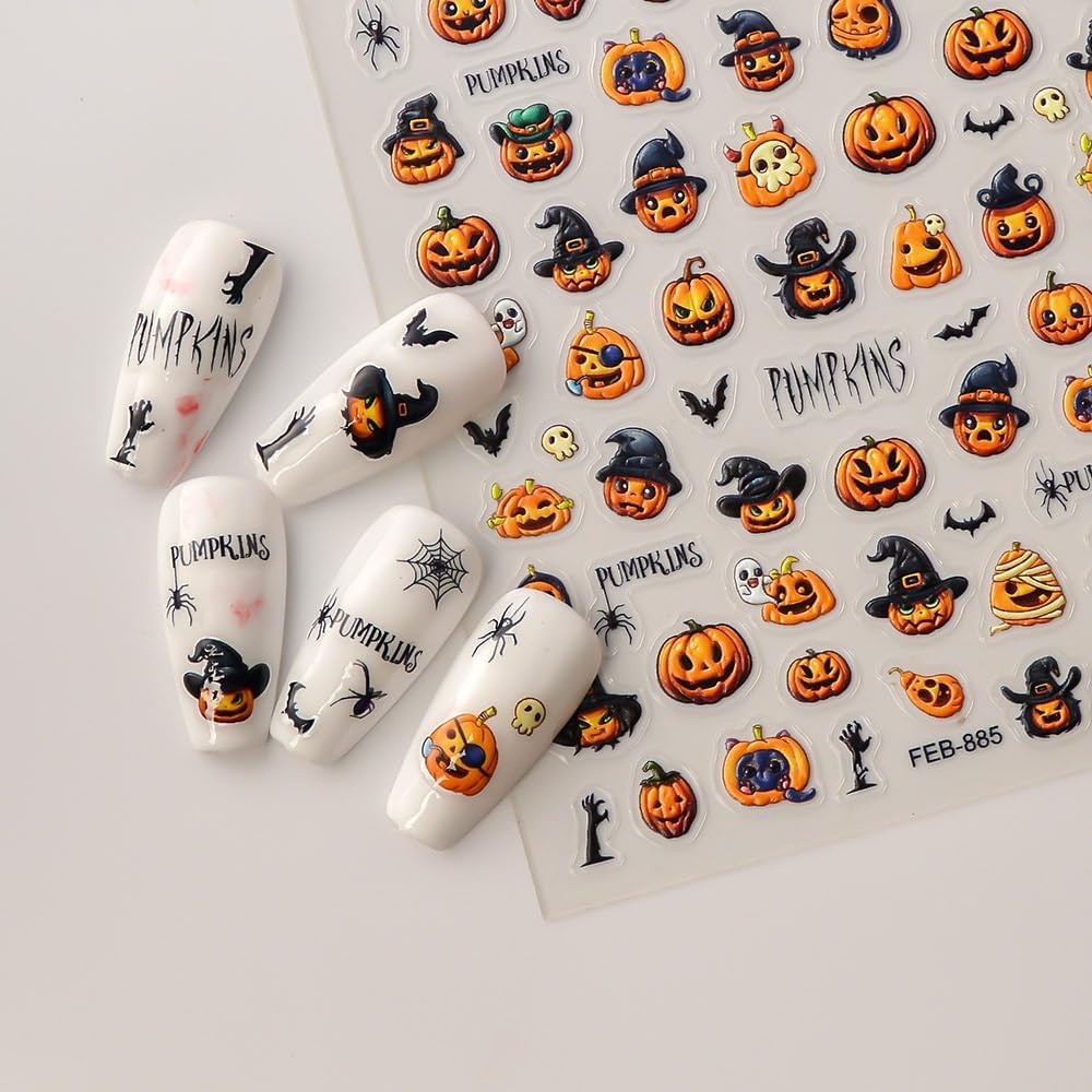 Halloween Nail Art Stickers 5D Embossed Pumpkin Bat Nail Stickers, Self-Adhesive Durable Nail Art Decals for Women Girls, Nail Wraps Decoration Manicure for DIY Acrylic Nail Accessories